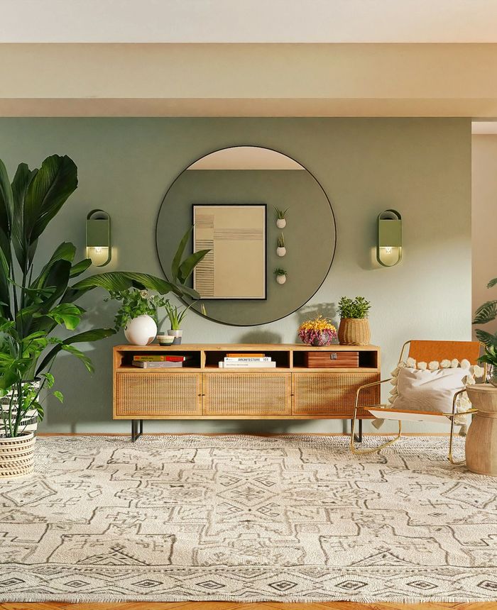 Living room with sage walls and round mirror