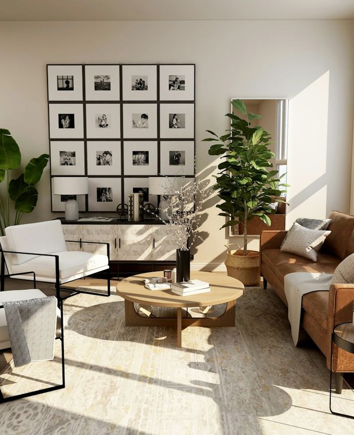 Sunny loft living room with gallery wall