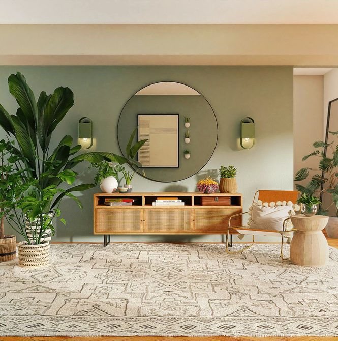 Living room with green walls and a round mirror designed by Atelier Nord
