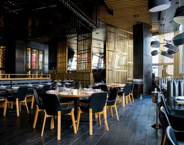 Restaurant interior with wooden slats